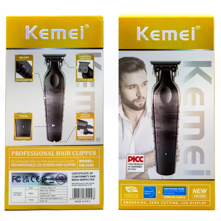 ماشین اصلاح موی صورت کیمی مدل KM-2299 با تیغه کربن استیل، باتری 1200 میلیآمپر ساعت، شارژ سریع 3 ساعته با USB Type-C، طراحی ارگونومیک و 3 شانه تنظیم طول مو